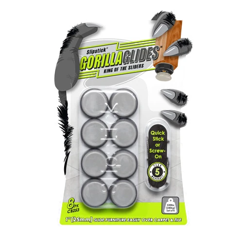 Slipstick GorillaGlides CB253 1 Inch Chair Sliders/Furniture Glide Floor Protectors (Set of 8 Glides) Self-Adhesive Screw-On Glides, for Sliding on Hard Surface Floors and Low-Pile Carpet, Round