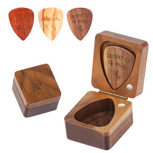 Keneke Wooden Guitar Pick Box with Lid,3PCS Unique Guitar Picks,Guitar Pick Holder Box,Musician Engraved Wooden Plectrum Case,Acoustic Guitar Box for Electric Bass Guitar Ukulele Lover